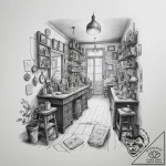 The interior of a small, cluttered antique sh… – tattoo sketch (№1755278444_0, 15.08.2025 17:20) — tattoovalue.net