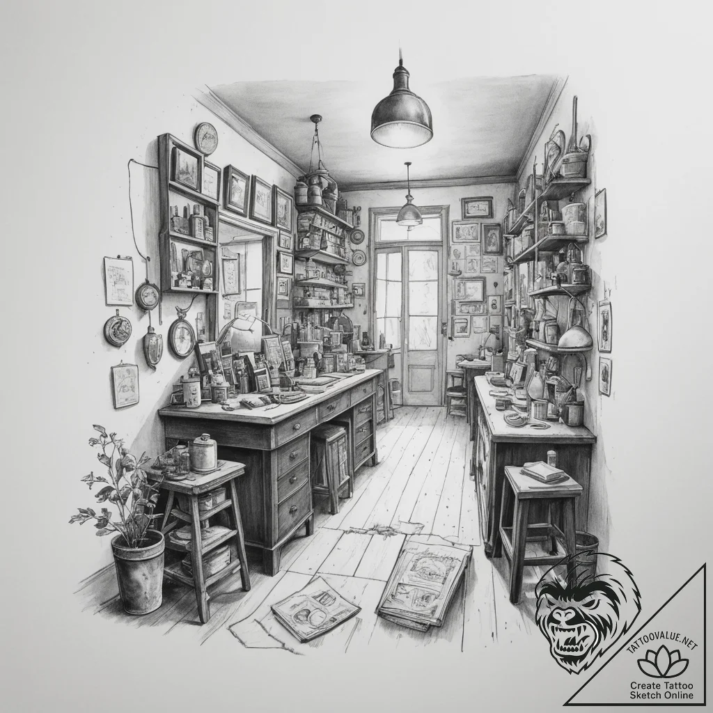 The interior of a small, cluttered antique sh... - tattoo sketch (№1755278444_0, 15.08.2025 17:20) — tattoovalue.net