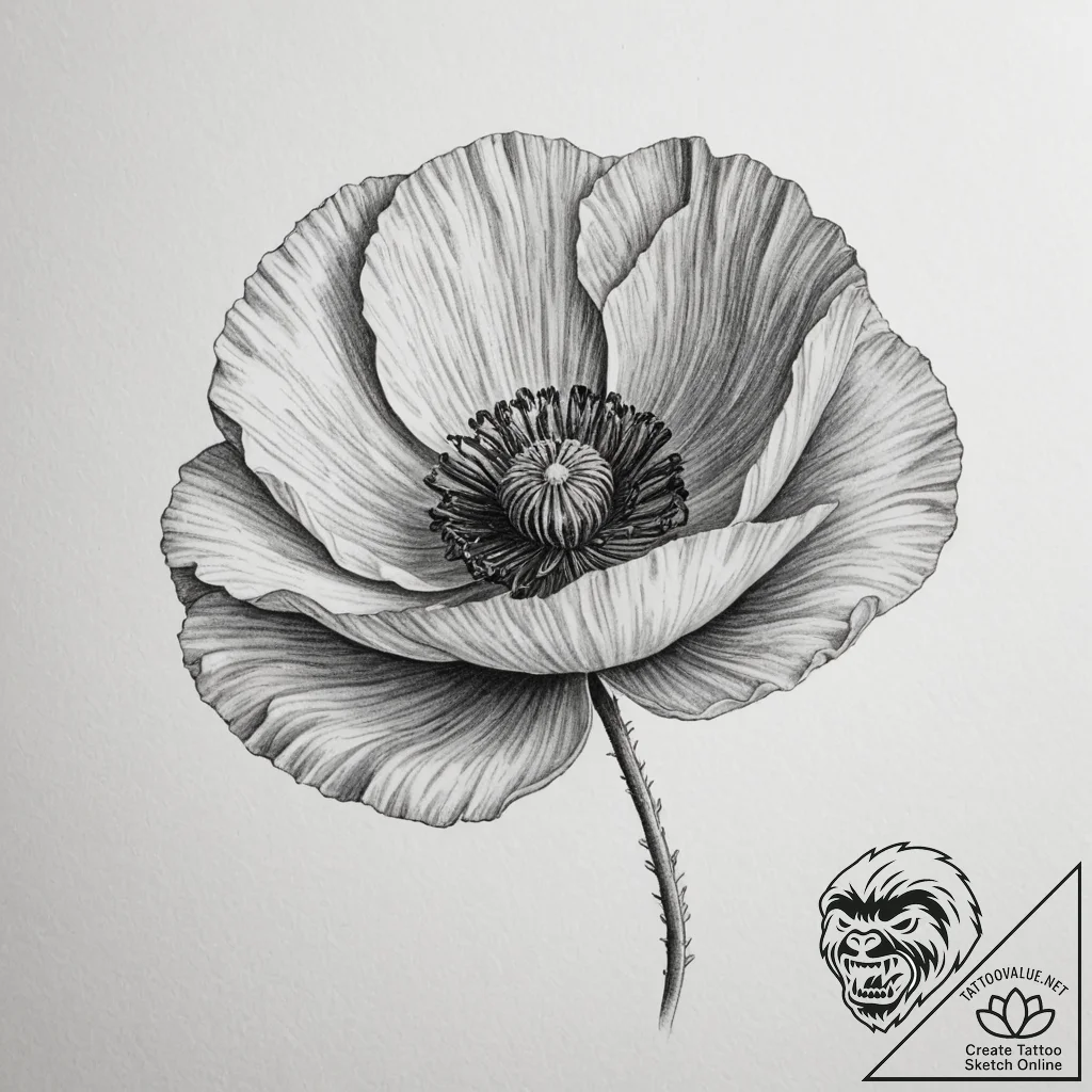 Tattoo sketch a single poppy in bloom its pet... - tattoo sketch (№1755279046_0, 15.08.2025 17:30) — tattoovalue.net