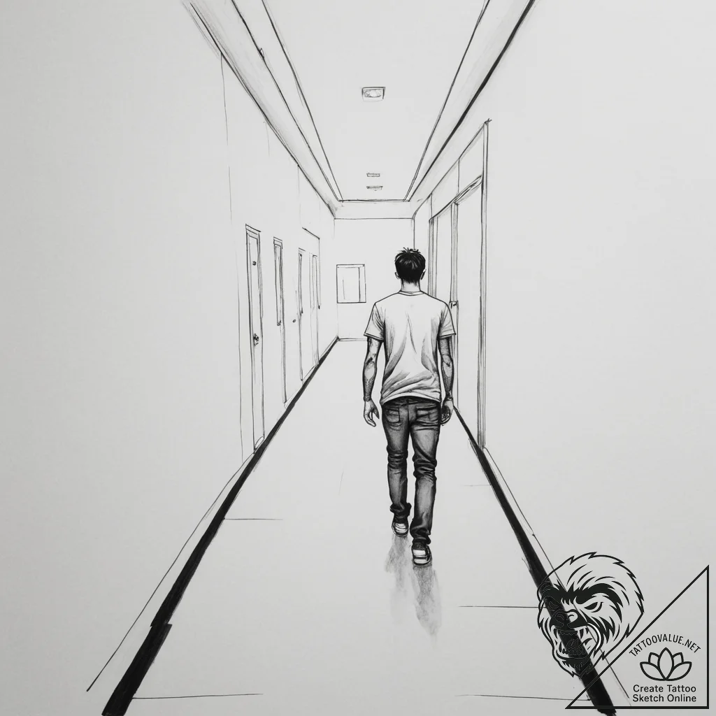 A cinematic shot of a person walking away dow... - tattoo sketch (№1755280648_0, 15.08.2025 17:57) — tattoovalue.net