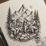 A group of hikers taking a break at a mountai… – tattoo sketch (№1755281441_0, 15.08.2025 18:10) — tattoovalue.net