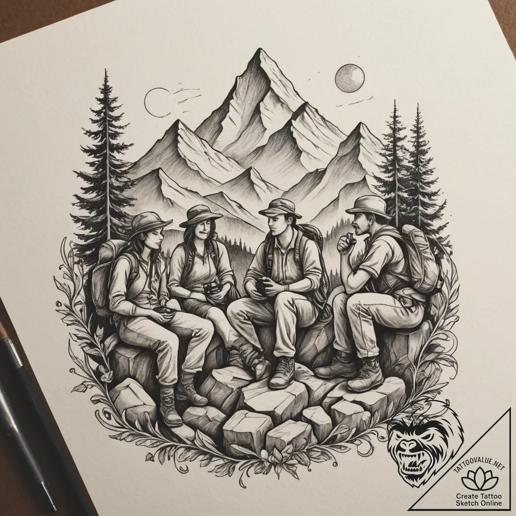 A group of hikers taking a break at a mountai... - tattoo sketch (№1755281441_0, 15.08.2025 18:10) — tattoovalue.net