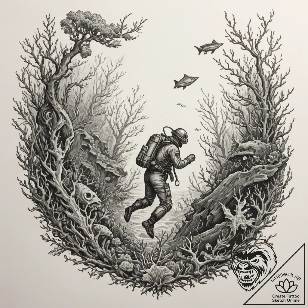 A diver discovering an old shipwreck overgrow... - tattoo sketch (№1755282647_0, 15.08.2025 18:30) — tattoovalue.net