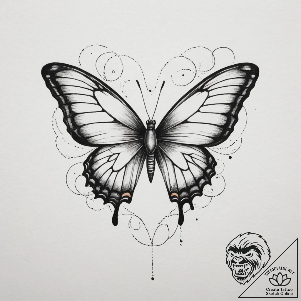 Tattoo design a butterfly in flight, its wing... - tattoo sketch (№1755284050_0, 15.08.2025 18:54) — tattoovalue.net