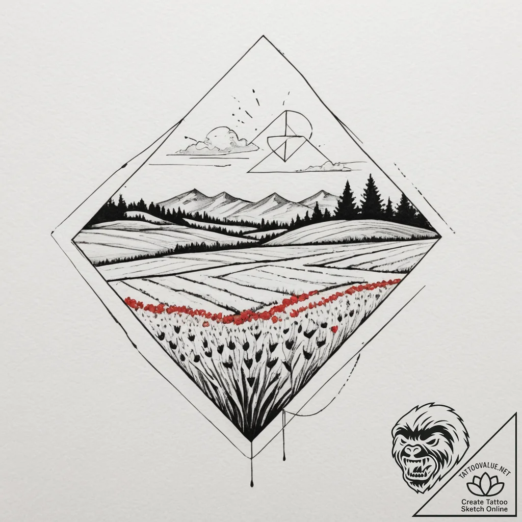 Tattoo sketch: a landscape view of a vast, fe... - tattoo sketch (№1755285255_0, 15.08.2025 19:14) — tattoovalue.net