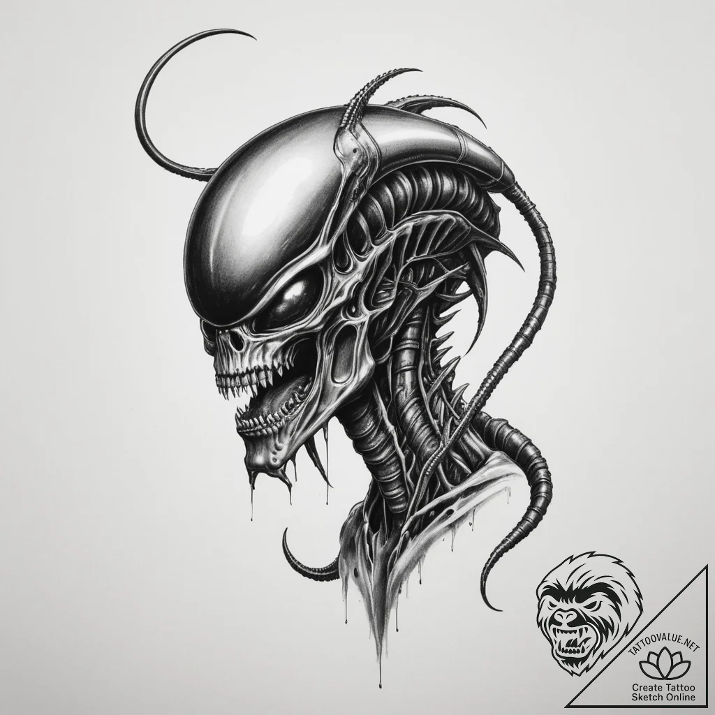 A xenomorph from alien, tattoo flash sheet de... - tattoo sketch (№1755285659_0, 15.08.2025 19:20) — tattoovalue.net