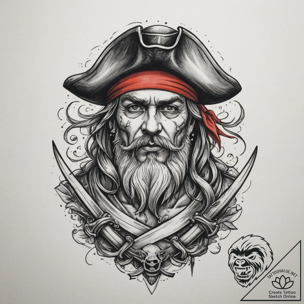 Pirate, concept art for tattoo, rough sketchy... - tattoo sketch (№1755287057_0, 15.08.2025 19:44) — tattoovalue.net
