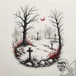 A graveyard scene with fog, tattoo line art,… – tattoo sketch (№1755288856_0, 15.08.2025 20:14) — tattoovalue.net