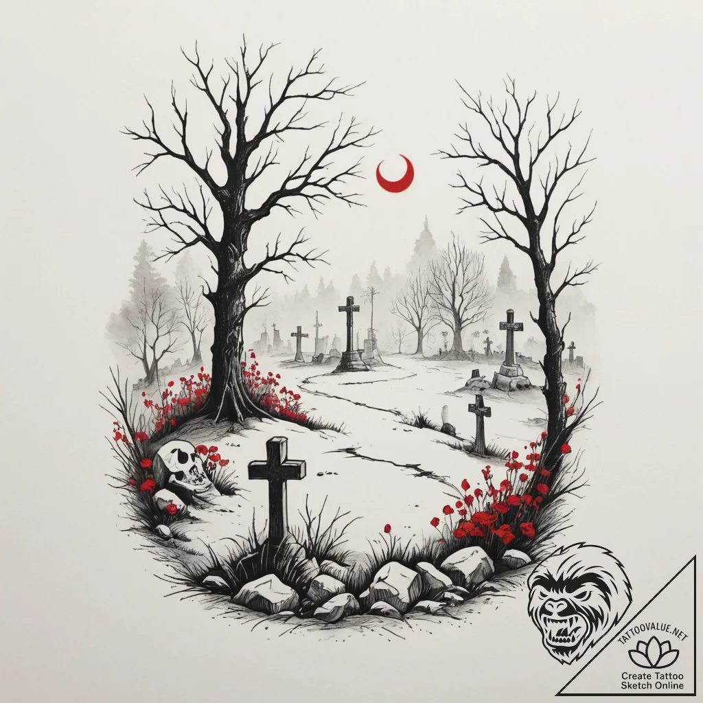 A graveyard scene with fog, tattoo line art,... - tattoo sketch (№1755288856_0, 15.08.2025 20:14) — tattoovalue.net