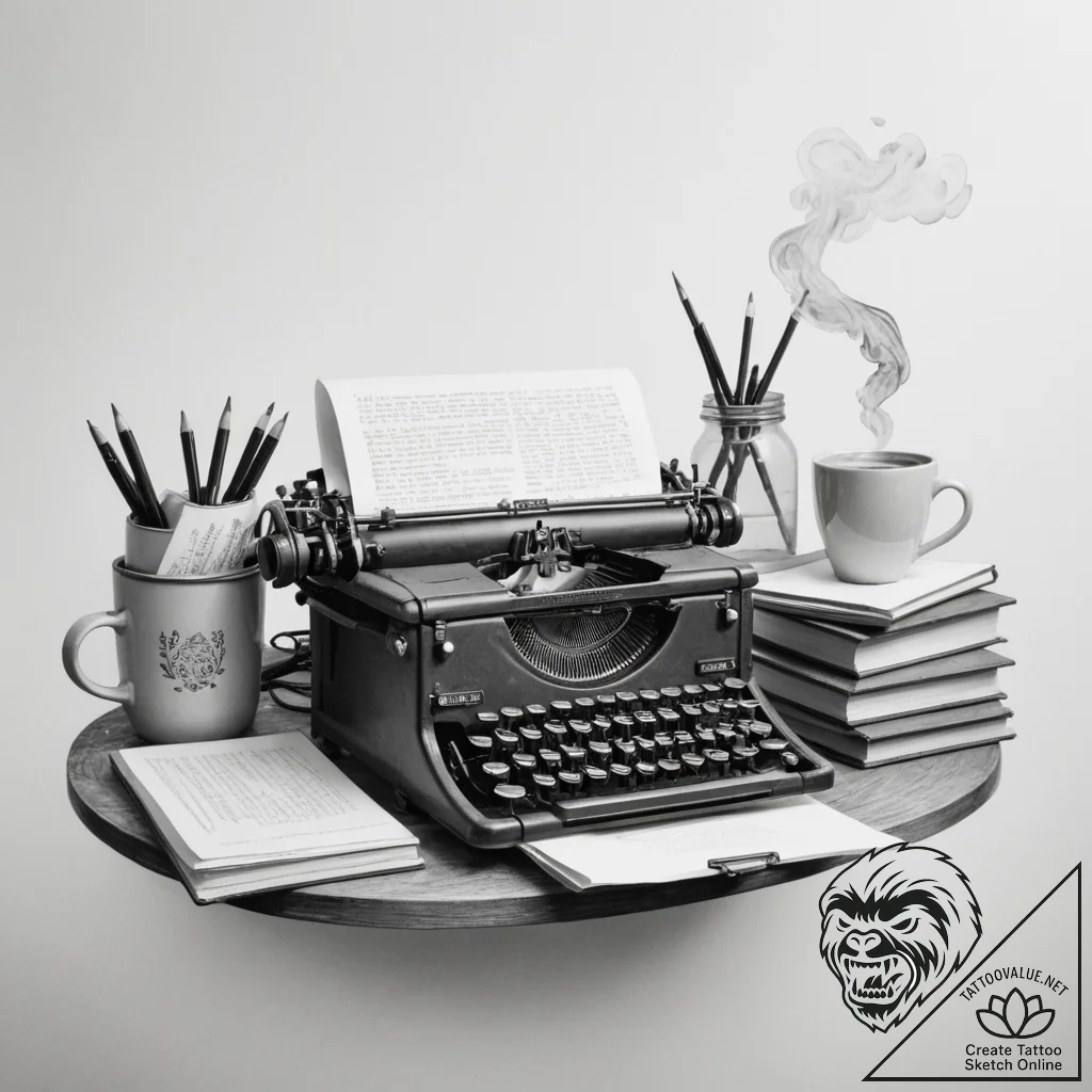 A cozy, messy writer's desk with a vintage ty... - tattoo sketch (№1755289059_0, 15.08.2025 20:17) — tattoovalue.net