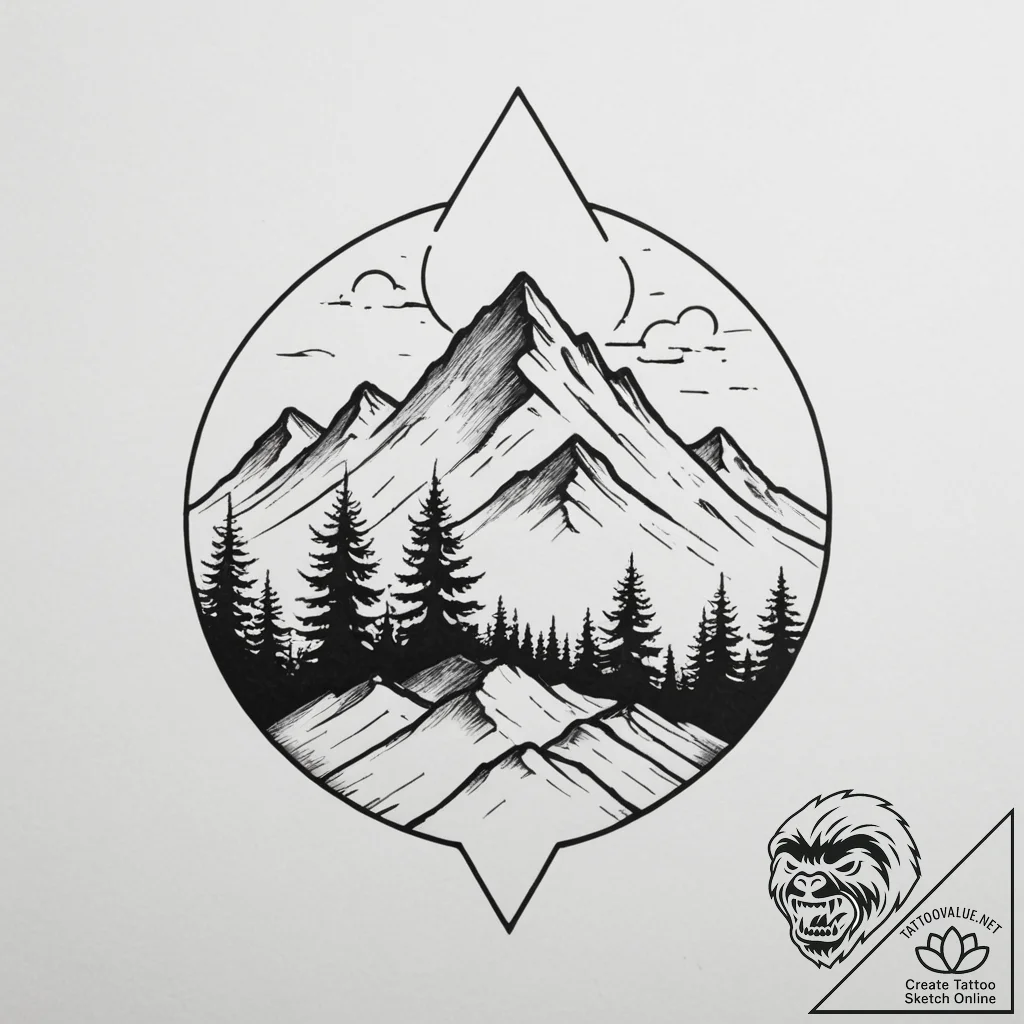 Tattoo design a mountain range with a lone tr... - tattoo sketch (№1755290254_0, 15.08.2025 20:37) — tattoovalue.net