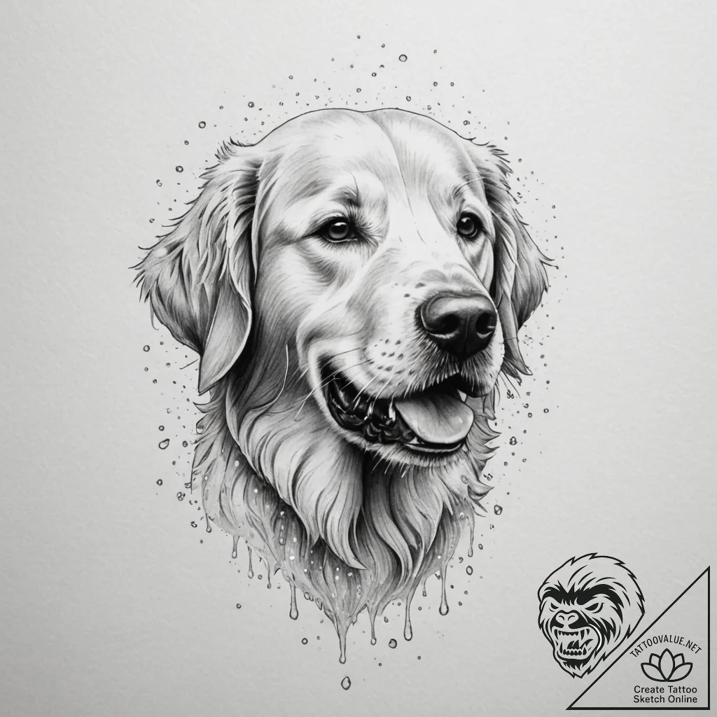 A close-up portrait of a wet golden retriever... - tattoo sketch (№1755292832_0, 15.08.2025 21:20) — tattoovalue.net