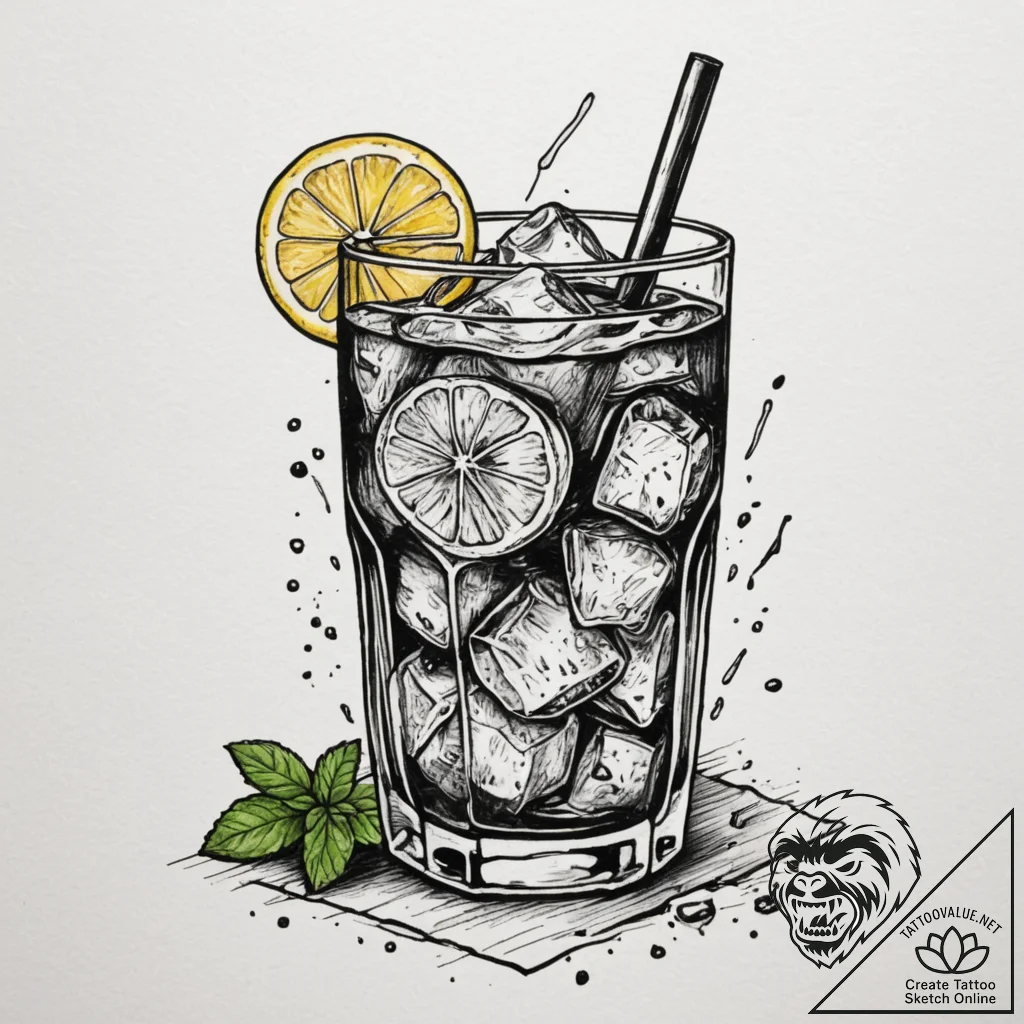 A glass of iced tea with lemon and mint, cond... - tattoo sketch (№1755293423_0, 15.08.2025 21:30) — tattoovalue.net
