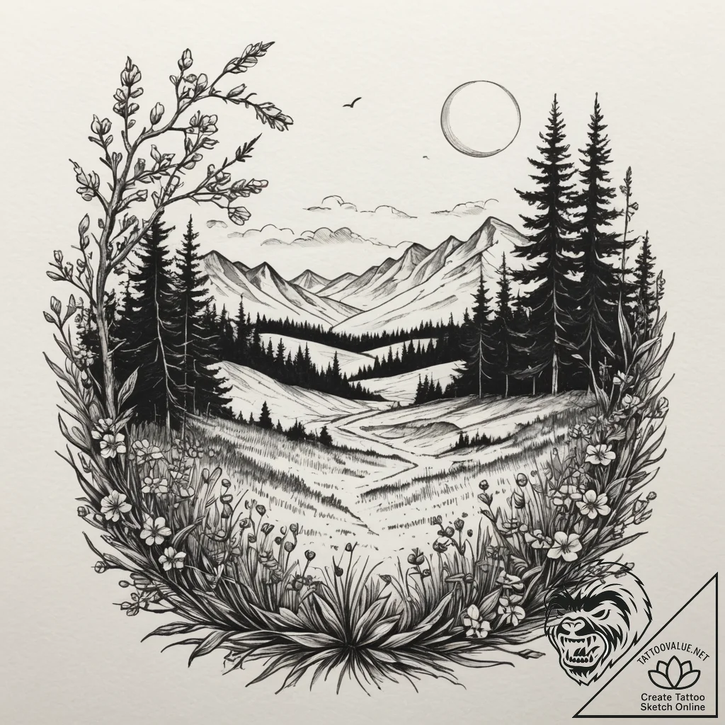 Tattoo design: a landscape of a serene meadow... - tattoo sketch (№1755294807_0, 15.08.2025 21:53) — tattoovalue.net