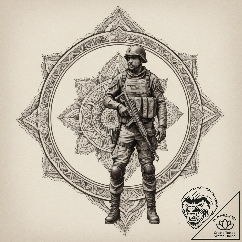 Tattoo sketch a silhouette of a soldier stand... - tattoo sketch (№1755295202_0, 15.08.2025 22:00) — tattoovalue.net