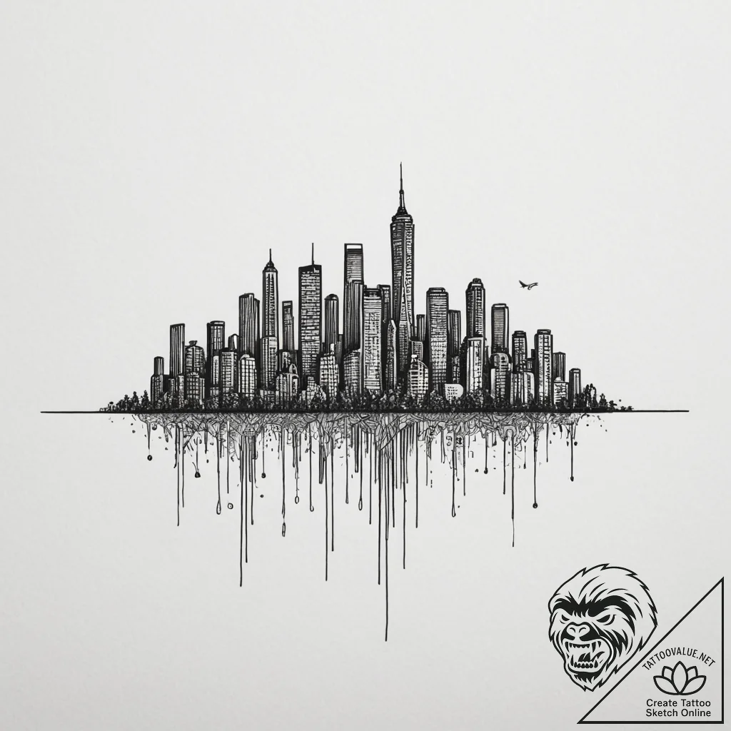 A barcode that morphs into a cityscape, tatto... - tattoo sketch (№1755295597_0, 15.08.2025 22:06) — tattoovalue.net