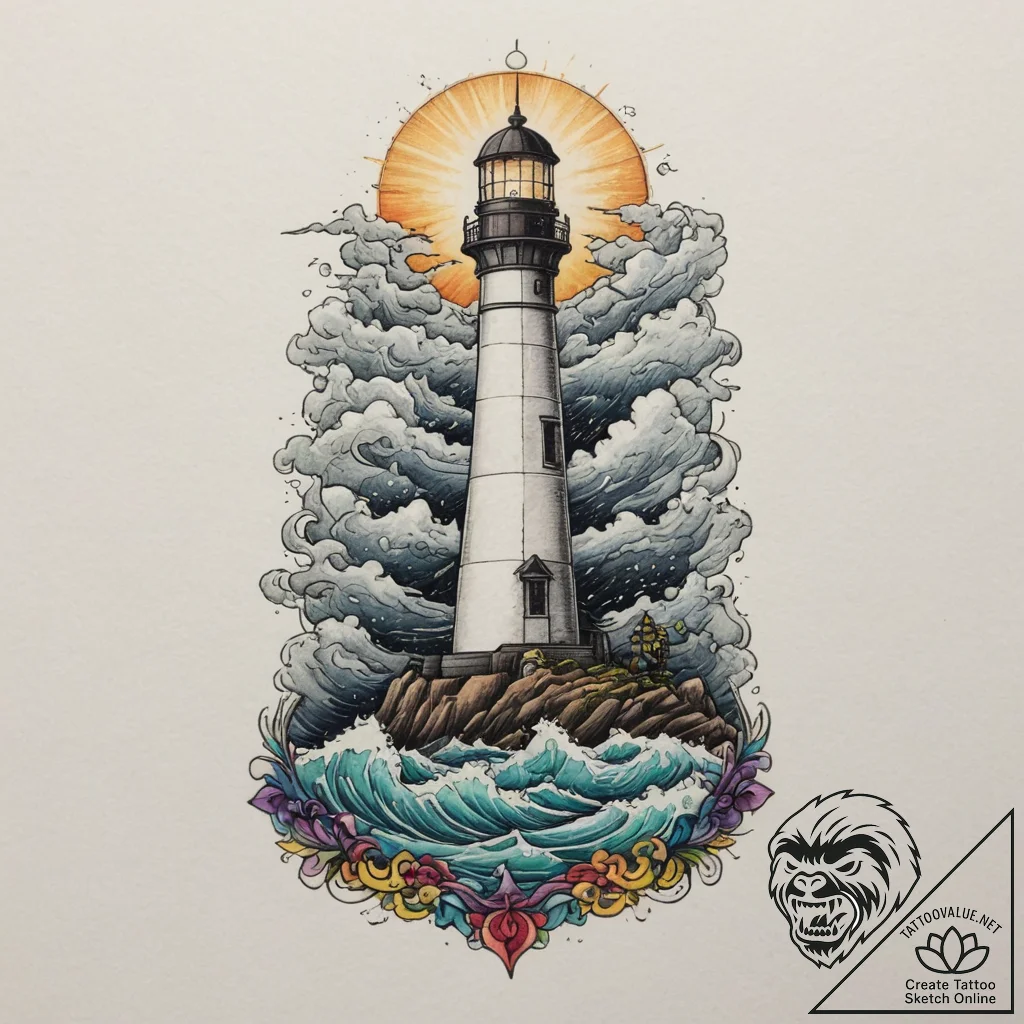 Tattoo sketch a lighthouse standing strong ag... - tattoo sketch (№1755298981_0, 15.08.2025 23:03) — tattoovalue.net
