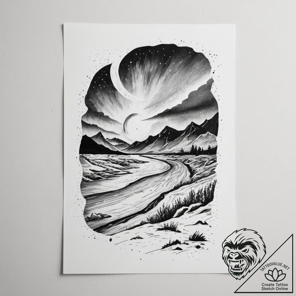 The northern lights (aurora borealis) dancing... - tattoo sketch (№1755299779_0, 15.08.2025 23:16) — tattoovalue.net