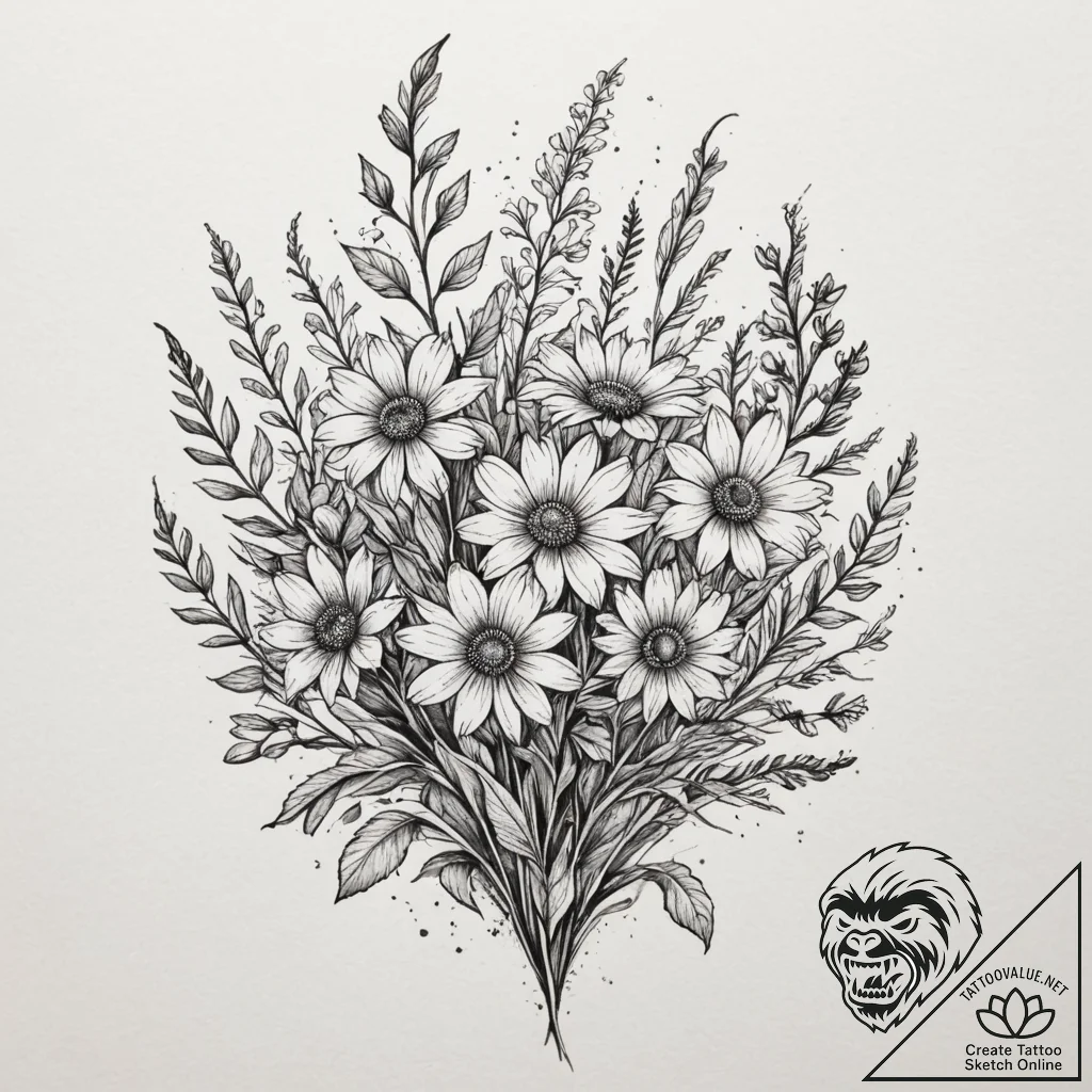 Tattoo sketch a bouquet of wildflowers, varie... - tattoo sketch (№1755301178_0, 15.08.2025 23:39) — tattoovalue.net