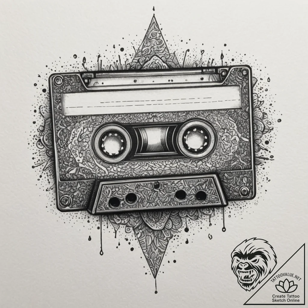 A retro cassette tape unspooling, tattoo sket... - tattoo sketch (№1755302193_0, 15.08.2025 23:56) — tattoovalue.net