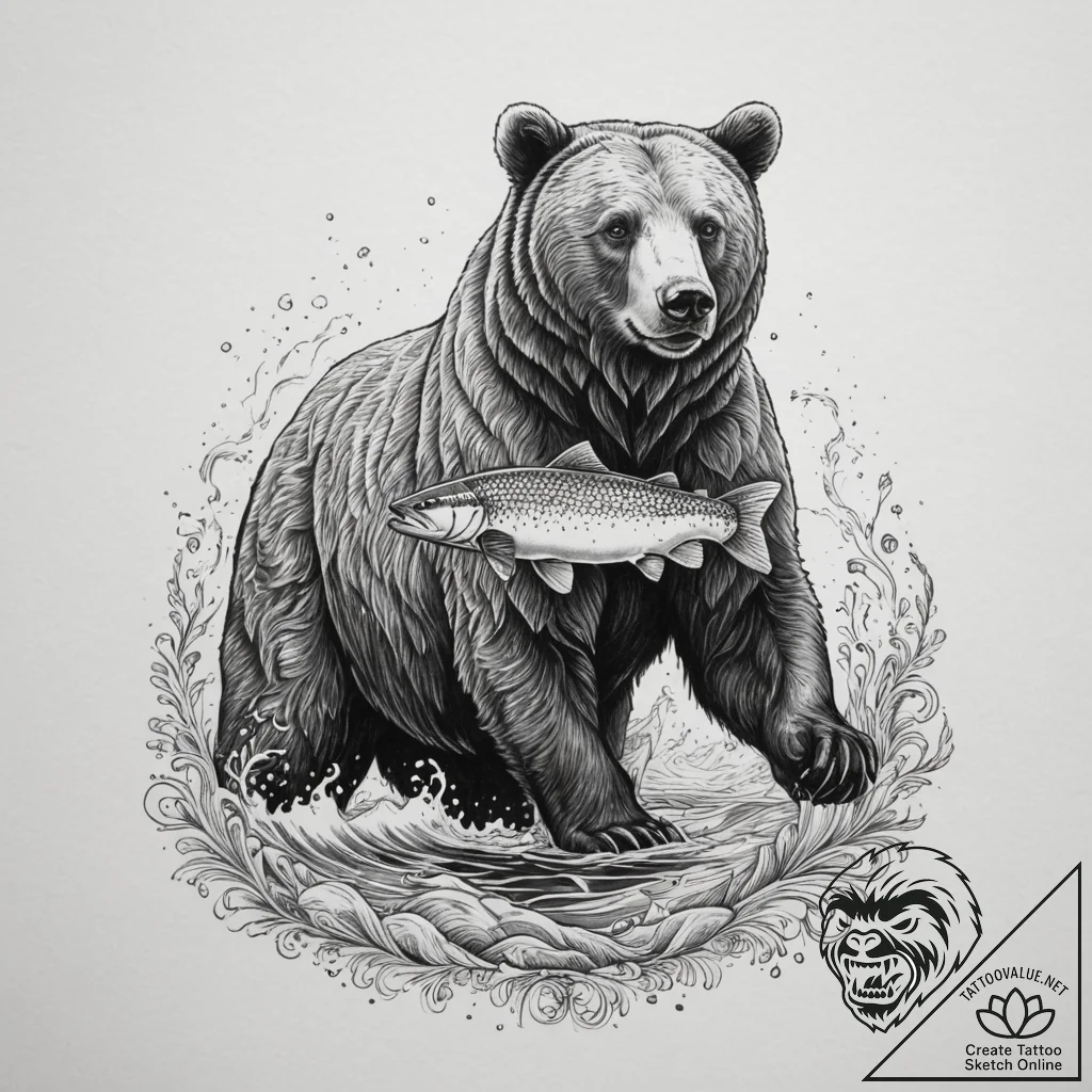 A brown bear standing in a river, trying to c... - tattoo sketch (№1755303599_0, 16.08.2025 00:19) — tattoovalue.net