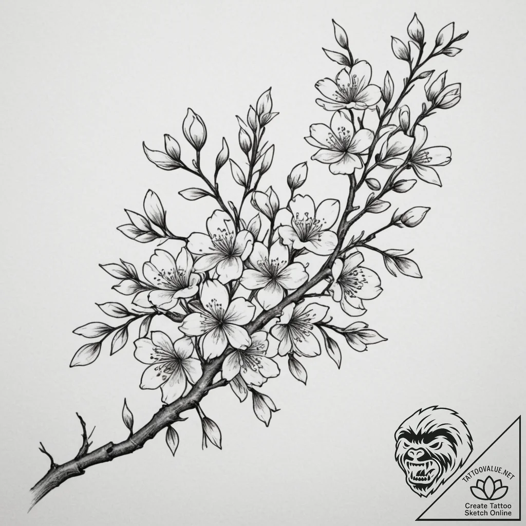 Tattoo sketch a branch of cherry blossoms, sy... - tattoo sketch (№1755305410_0, 16.08.2025 00:50) — tattoovalue.net