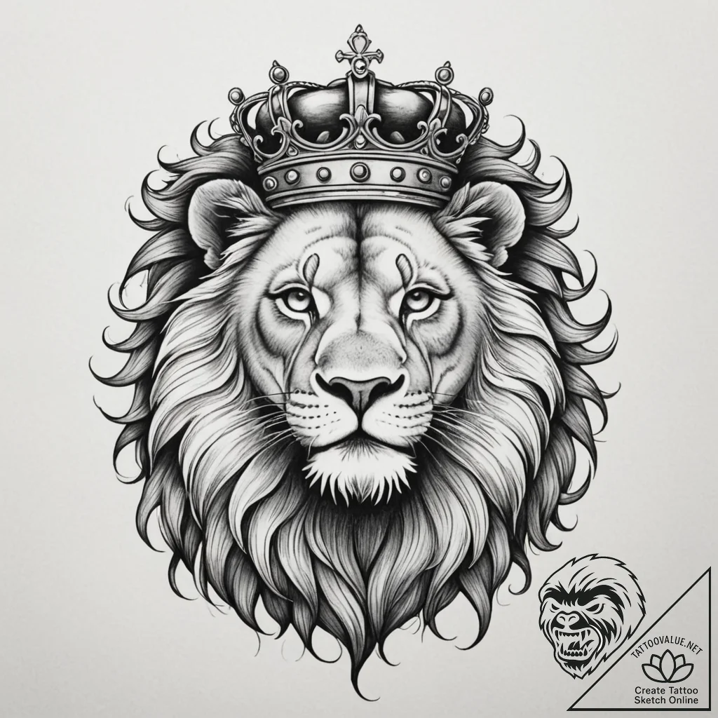Lion with crown, concept art for tattoo, old... - tattoo sketch (№1755305612_0, 16.08.2025 00:53) — tattoovalue.net