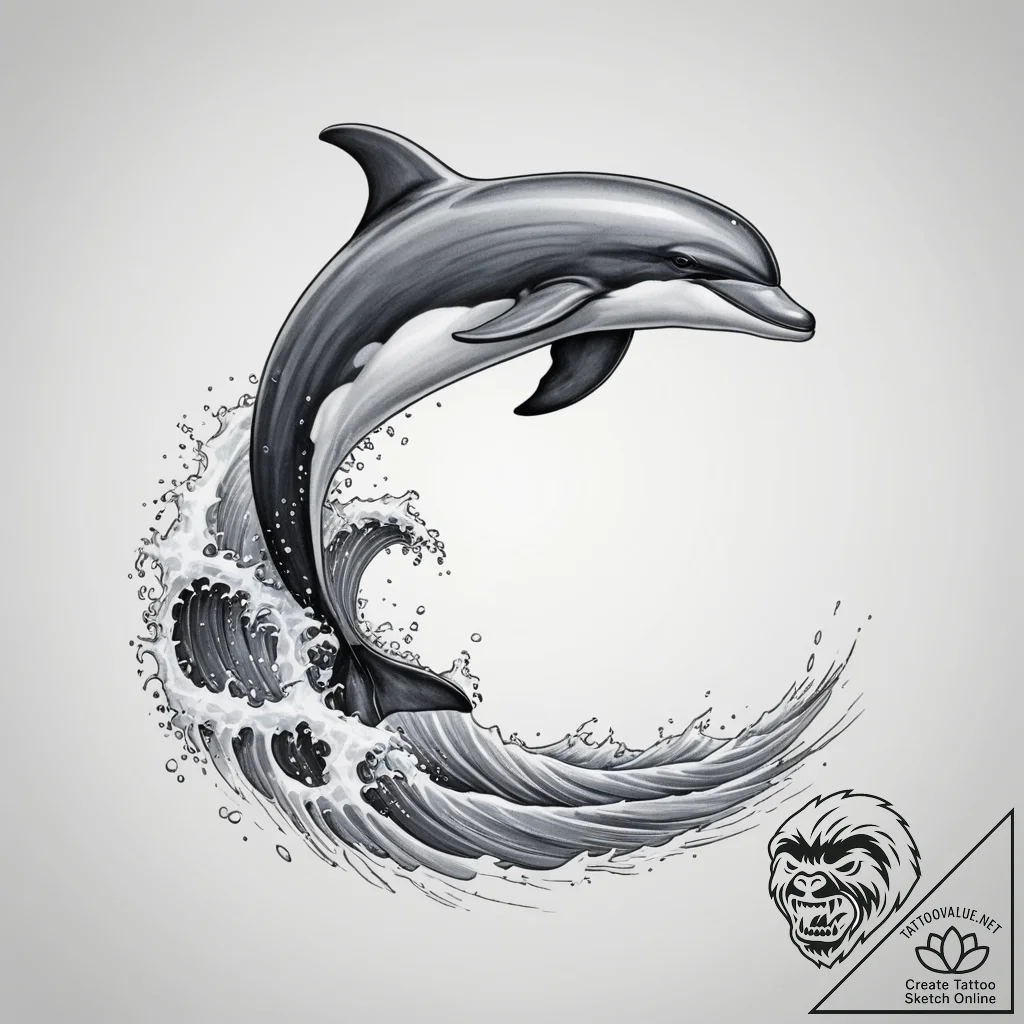 Tattoo design a graceful dolphin, leaping fro... - tattoo sketch (№1755306015_0, 16.08.2025 01:00) — tattoovalue.net