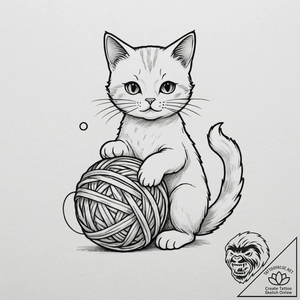 Tattoo design a small, mischievous cat playin... - tattoo sketch (№1755306219_0, 16.08.2025 01:03) — tattoovalue.net