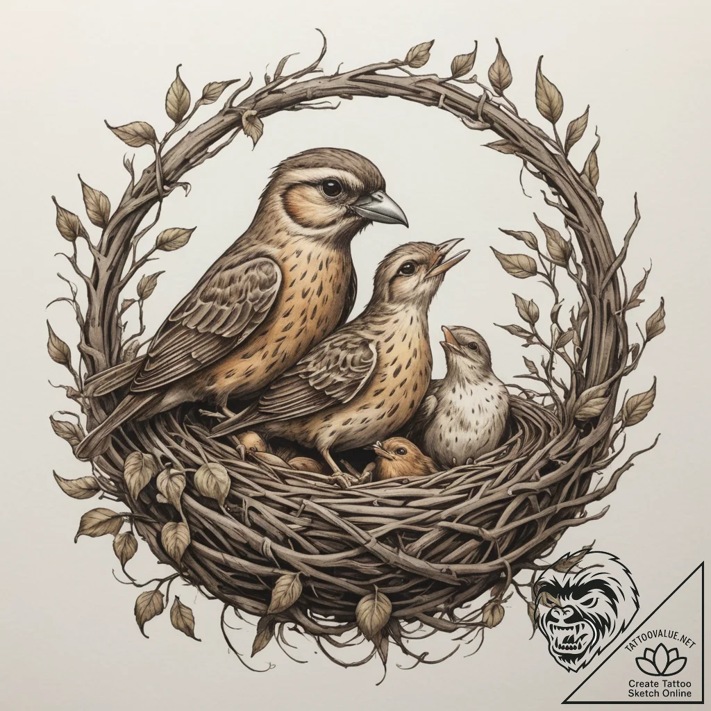 Tattoo sketch a mother bird feeding chicks in... - tattoo sketch (№1755306621_0, 16.08.2025 01:10) — tattoovalue.net