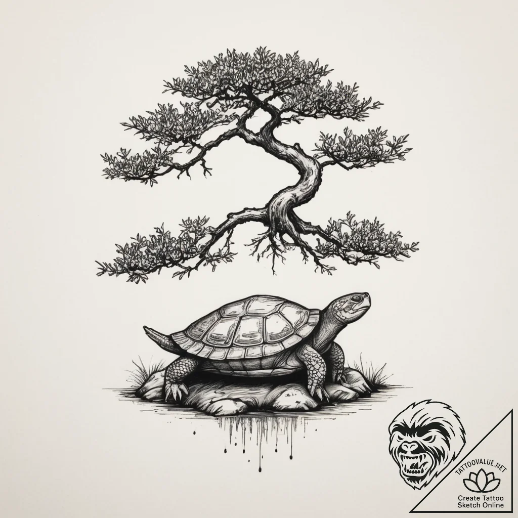 A bonsai tree growing on a turtle's back, tat... - tattoo sketch (№1755307423_0, 16.08.2025 01:23) — tattoovalue.net