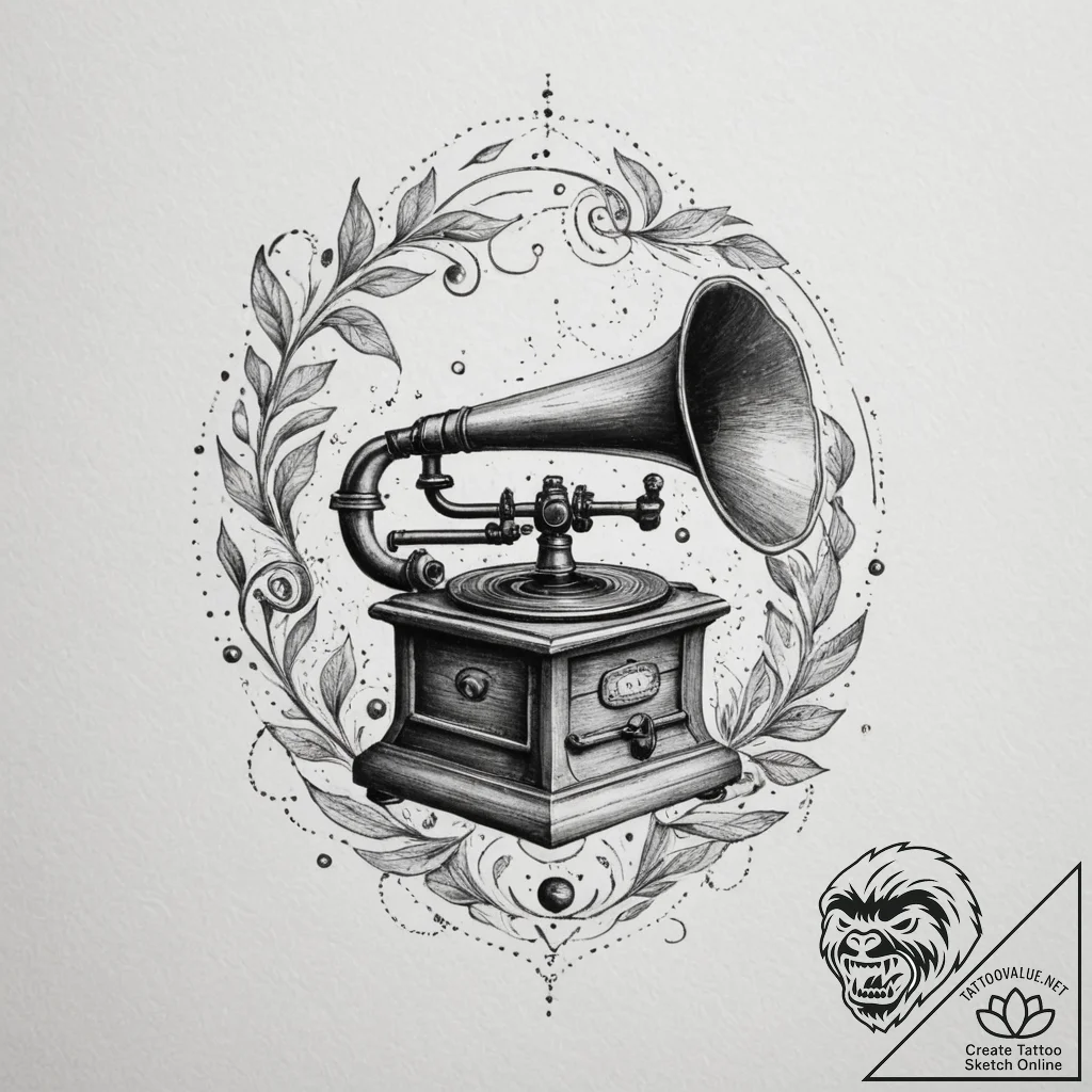 Tattoo design a small, classic phonograph wit... - tattoo sketch (№1755308818_0, 16.08.2025 01:46) — tattoovalue.net