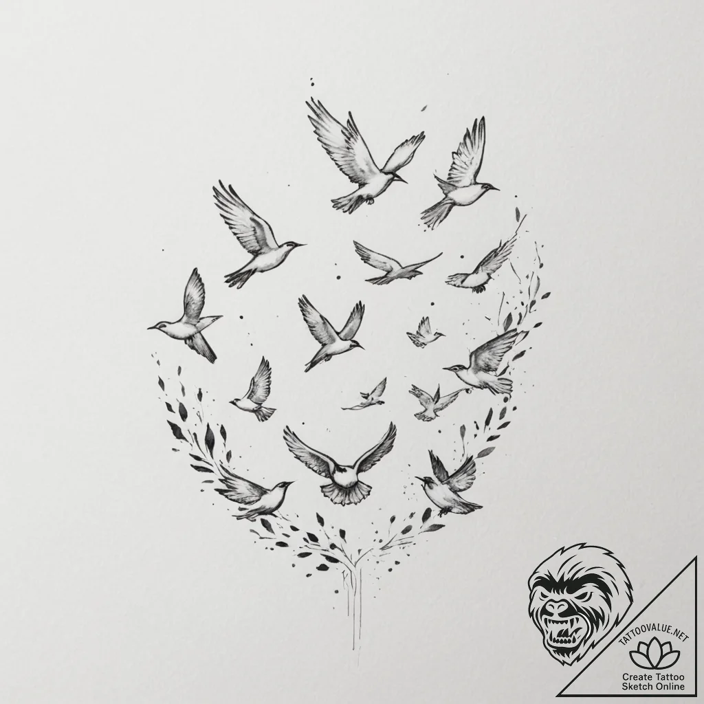 Tattoo sketch a flock of birds flying in form... - tattoo sketch (№1755310646_0, 16.08.2025 02:17) — tattoovalue.net