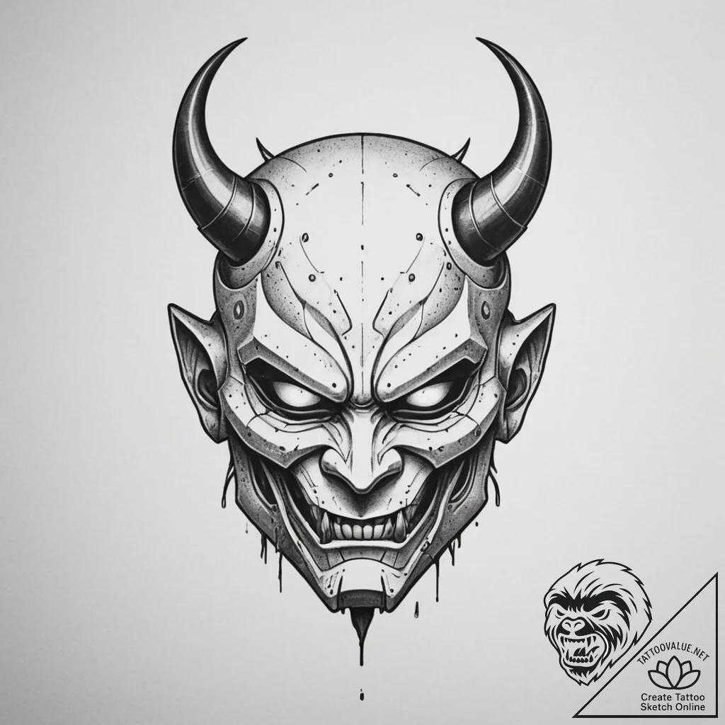 Cyberpunk oni mask, artistic tattoo sketch, d... - tattoo sketch (№1755311051_0, 16.08.2025 02:24) — tattoovalue.net