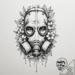 Gas mask with flowers growing from it, ink il… – tattoo sketch (№1755312265_0, 16.08.2025 02:44) — tattoovalue.net