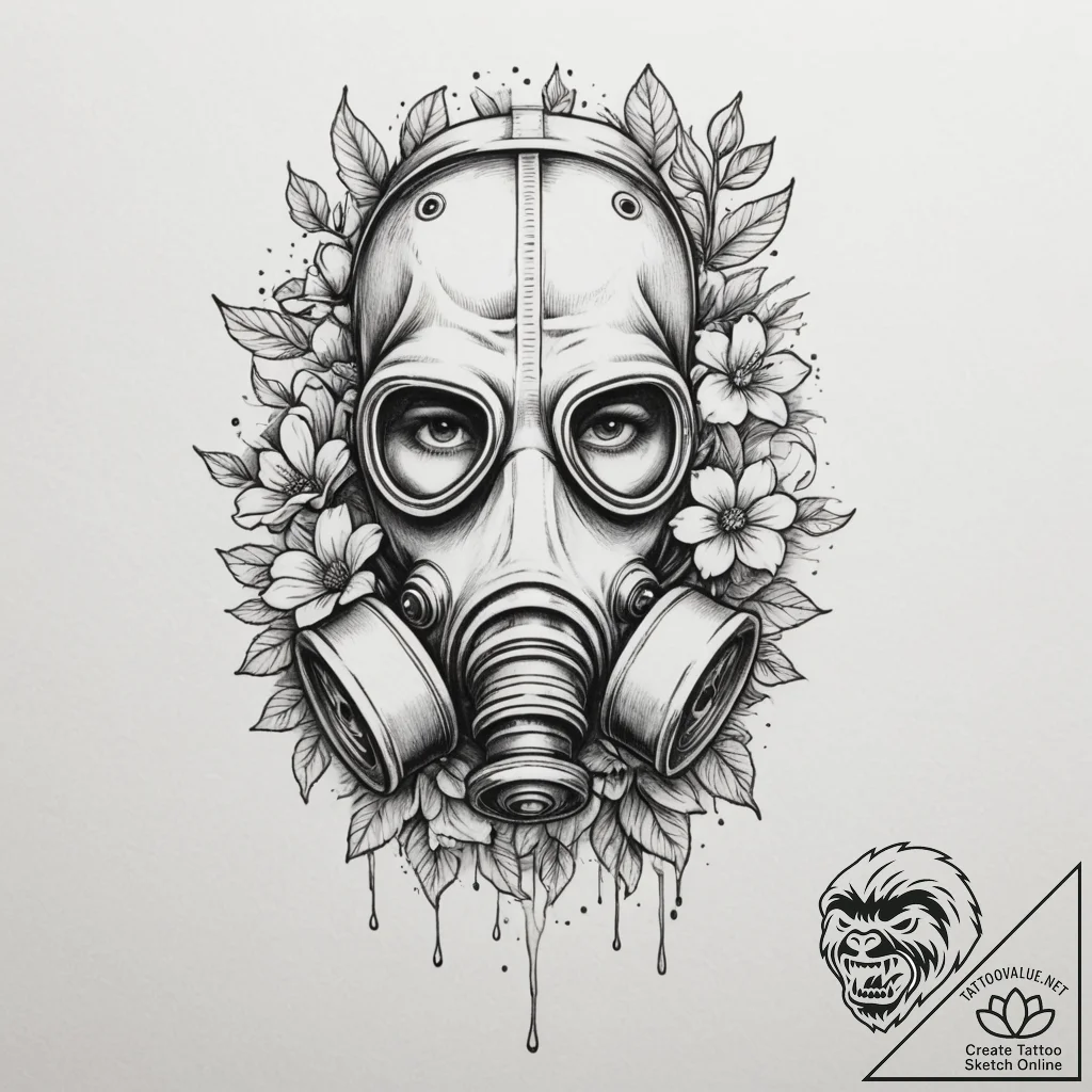 Gas mask with flowers growing from it, ink il... - tattoo sketch (№1755312265_0, 16.08.2025 02:44) — tattoovalue.net