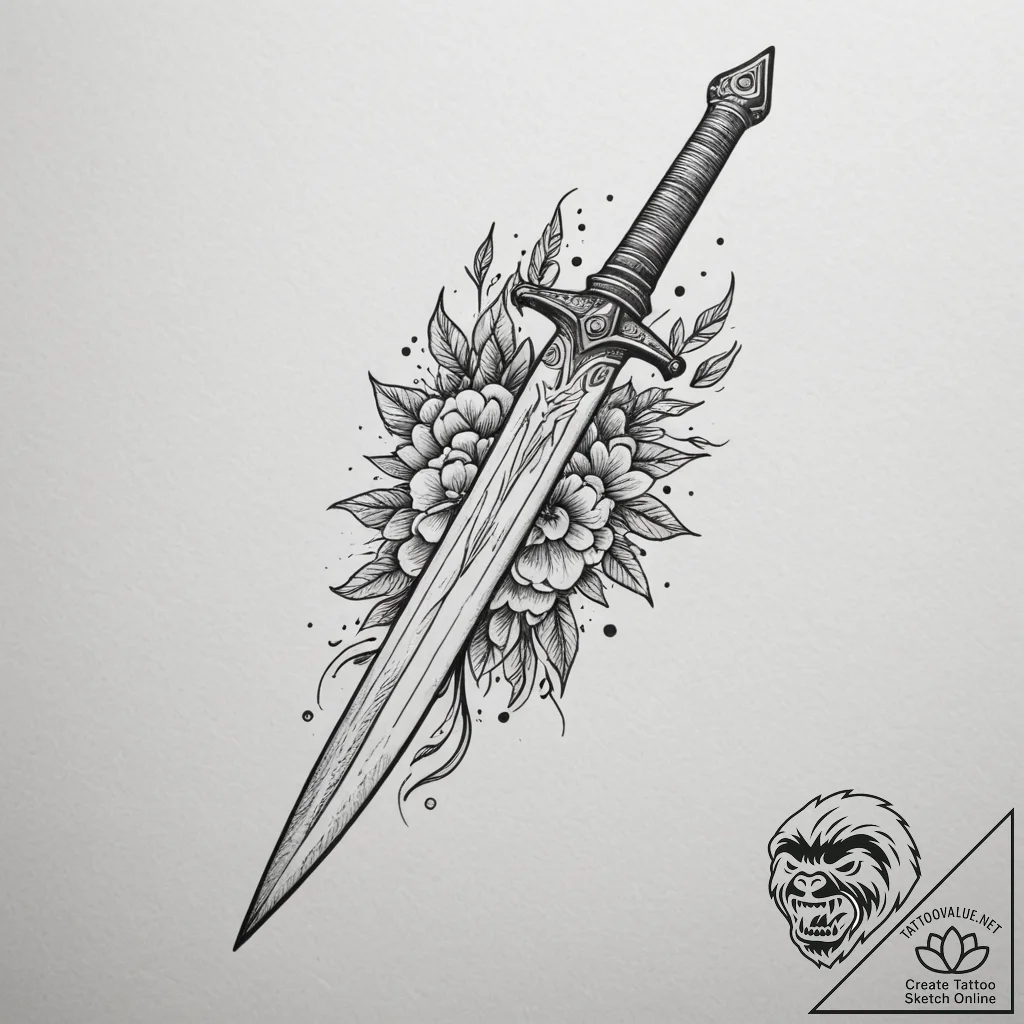 Tattoo sketch a stylized combat knife or dagg... - tattoo sketch (№1755313458_0, 16.08.2025 03:04) — tattoovalue.net