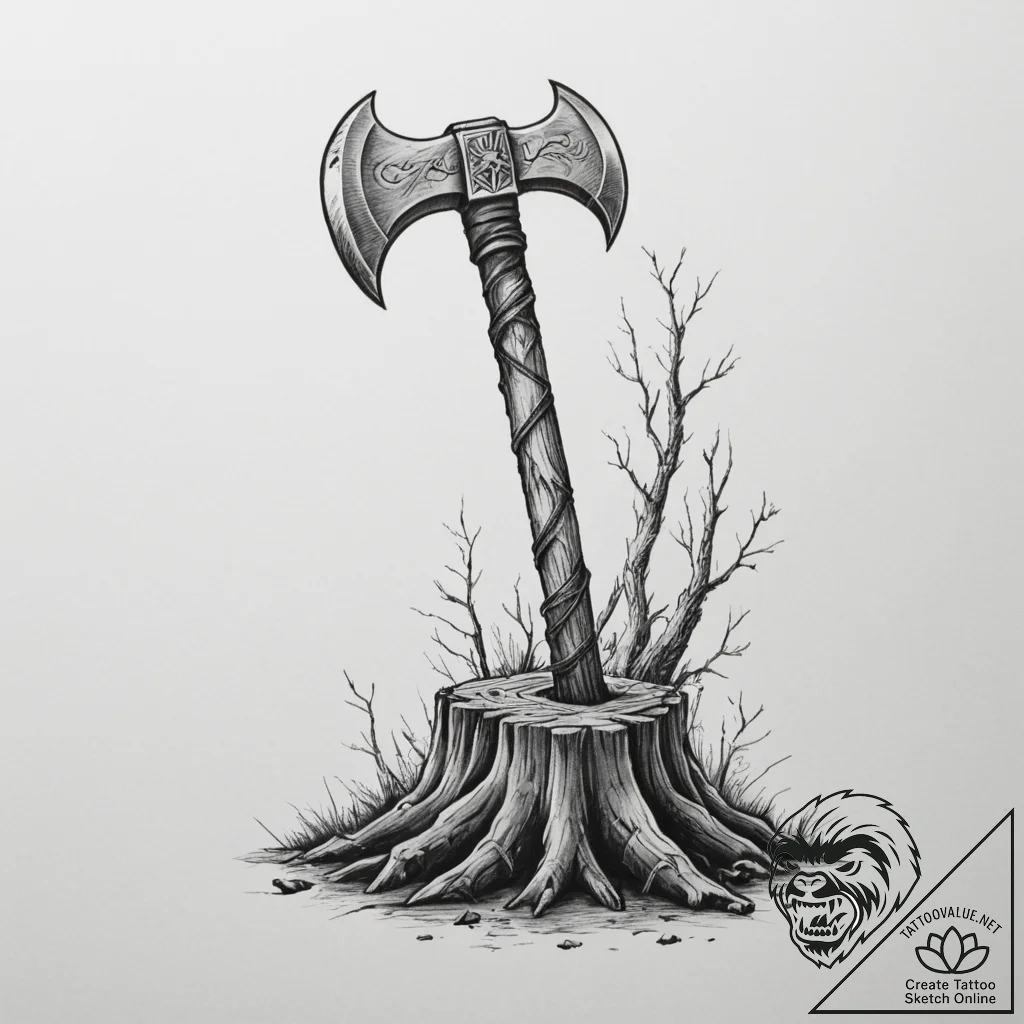 Tattoo sketch a warrior's axe embedded in a t... - tattoo sketch (№1755314460_0, 16.08.2025 03:21) — tattoovalue.net