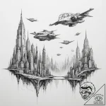 Dystopian city skyline with flying vehicles – tattoo sketch (№1755315680_0, 16.08.2025 03:41) — tattoovalue.net