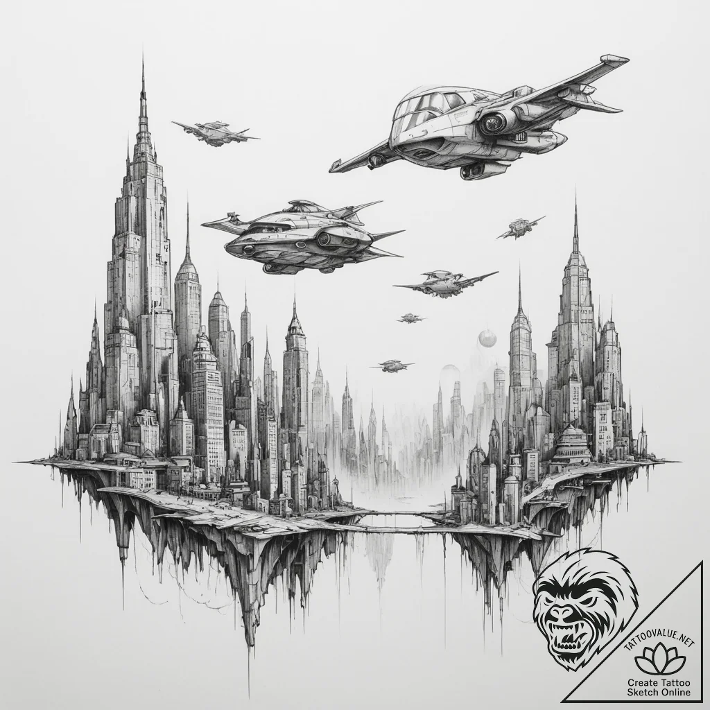 Dystopian city skyline with flying vehicles - tattoo sketch (№1755315680_0, 16.08.2025 03:41) — tattoovalue.net