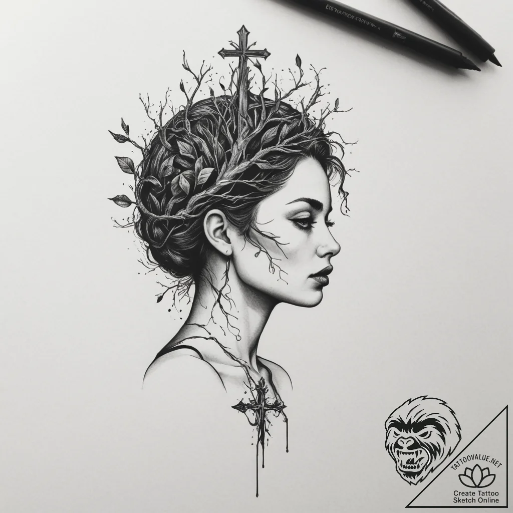 Tattoo sketch: a combination of a woman's sil... - tattoo sketch (№1755317279_0, 16.08.2025 04:07) — tattoovalue.net