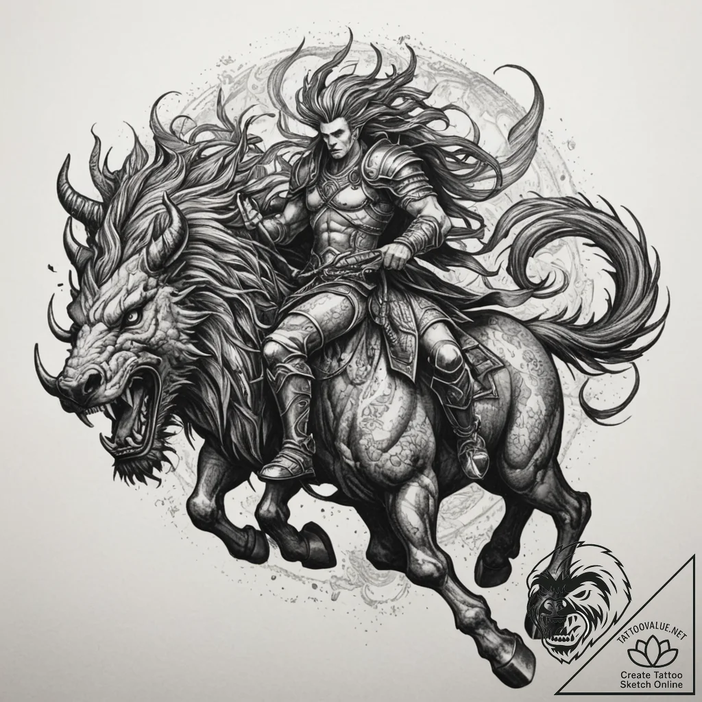 Tattoo sketch a mythical warrior riding a pow... - tattoo sketch (№1755318683_0, 16.08.2025 04:31) — tattoovalue.net