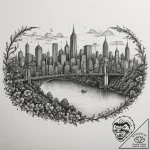 A view of a city skyline from across a river,… – tattoo sketch (№1755321514_0, 16.08.2025 05:18) — tattoovalue.net