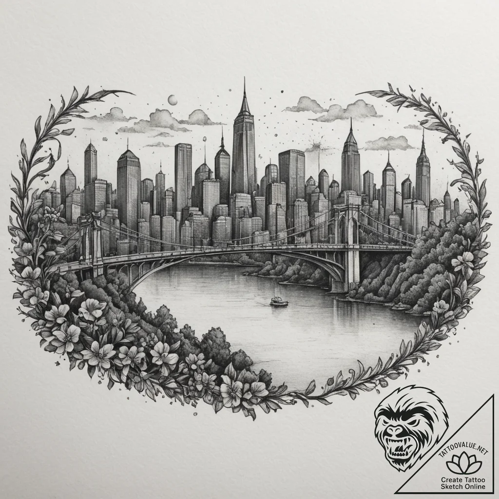 A view of a city skyline from across a river,... - tattoo sketch (№1755321514_0, 16.08.2025 05:18) — tattoovalue.net
