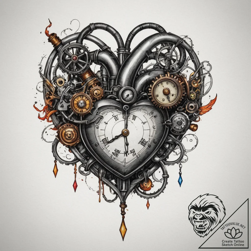 Steampunk heart with pipes and pressure gauge... - tattoo sketch (№1755321922_0, 16.08.2025 05:25) — tattoovalue.net