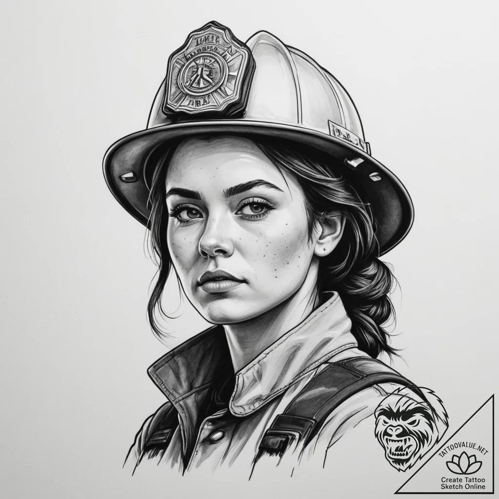 A powerful shot of a female firefighter, soot... - tattoo sketch (№1755323940_0, 16.08.2025 05:59) — tattoovalue.net