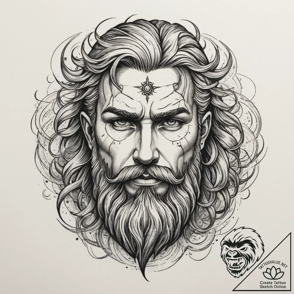 Tattoo design: a fierce portrait of perun, wi... - tattoo sketch (№1755326596_0, 16.08.2025 06:43) — tattoovalue.net