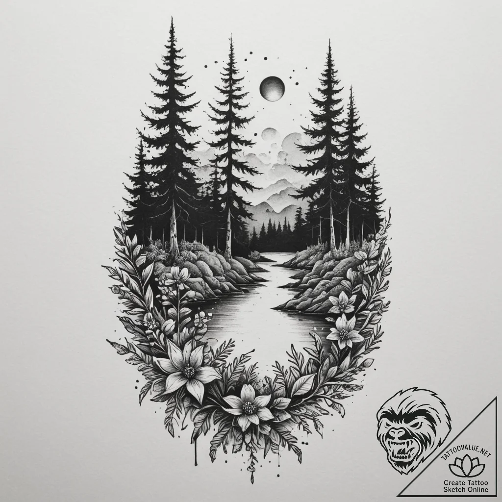 Tattoo design a lush fantasy forest with glow... - tattoo sketch (№1755328604_0, 16.08.2025 07:16) — tattoovalue.net