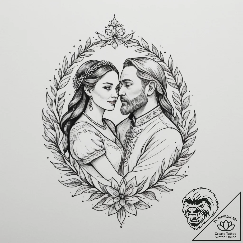 Tattoo sketch: a scene of a joyous slavic wed... - tattoo sketch (№1755329403_0, 16.08.2025 07:30) — tattoovalue.net