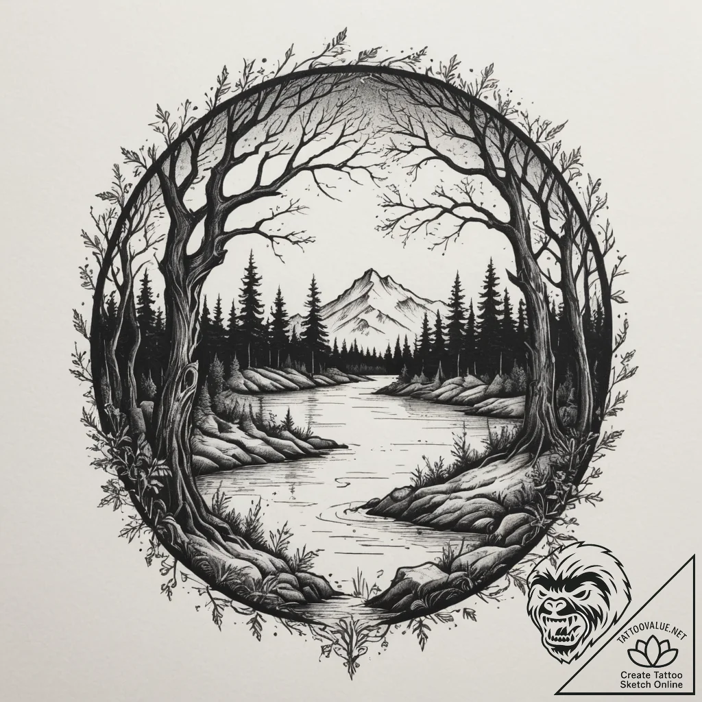 Tattoo design: a dark, mystical forest scene... - tattoo sketch (№1755331821_0, 16.08.2025 08:10) — tattoovalue.net